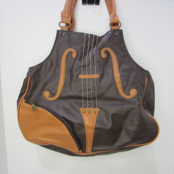 At Violin Purse Shoulder/Double Handle Brown Faux Leather - Picture 1 of 10